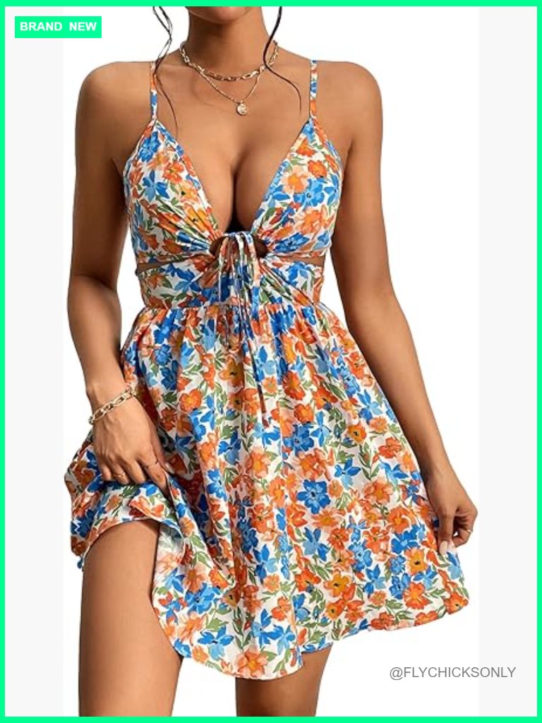 Floral Sleeveless V-Neck Cut Out Cami Sundress Casual Summer Dress